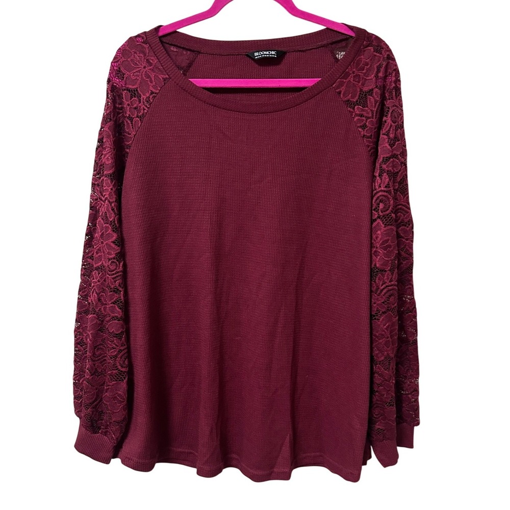 BloomChic Burgundy Waffle Knit Top Floral Lace Long Sleeve Plus Size 14-16